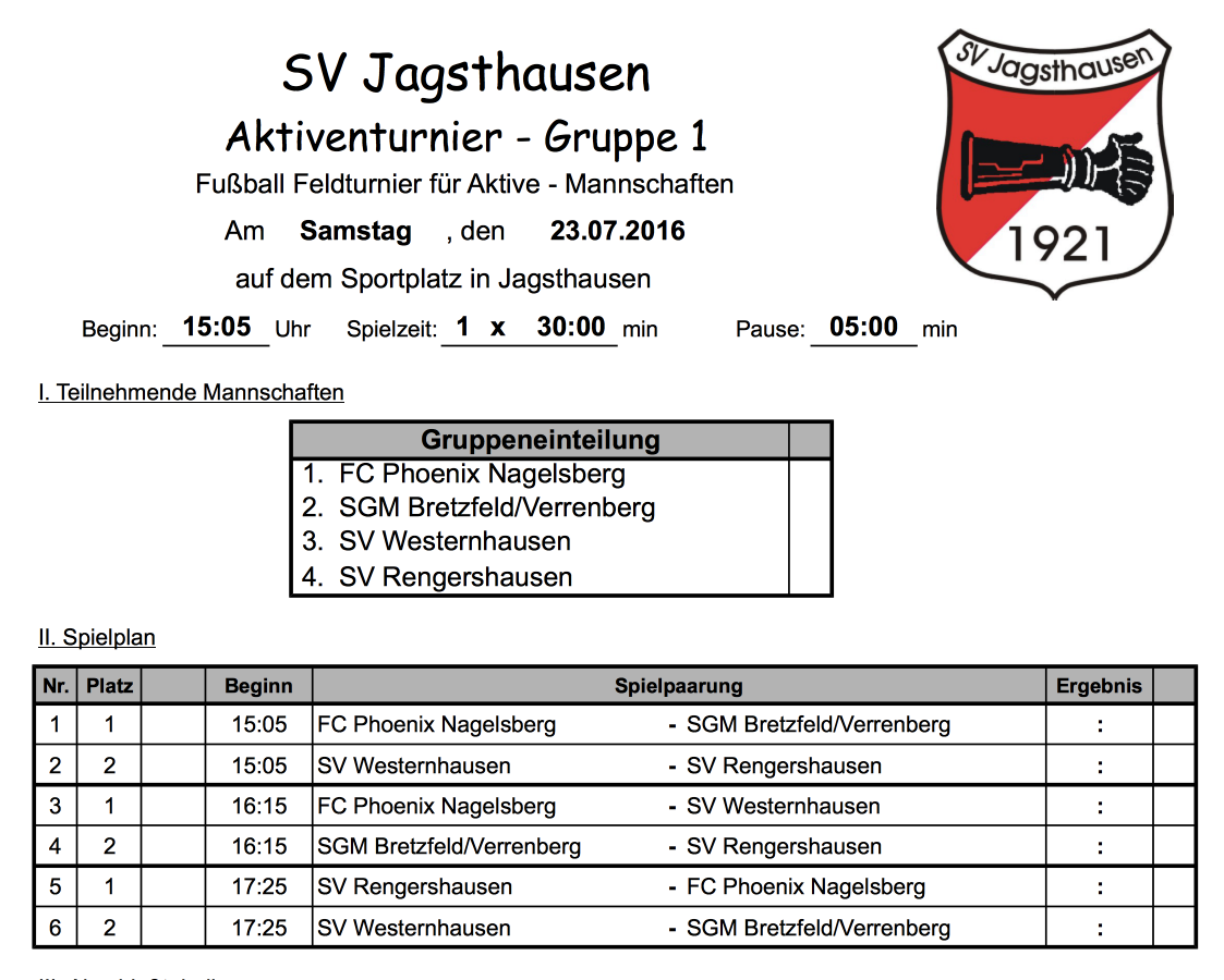 Der Spielplan für das Aktiventurnier 2016 der Gruppe 1 in Jagsthausen mit Auflistung der Gruppen