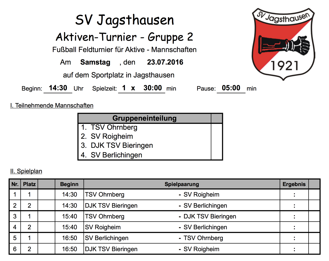 Der Spielplan für das Aktiventurnier 2016 der Gruppe 2 in Jagsthausen mit Auflistung der Gruppen